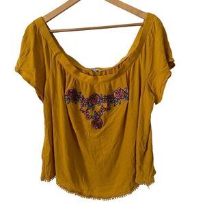 Charlotte Russe Mustard Yellow Blouse with Floral Embroidery